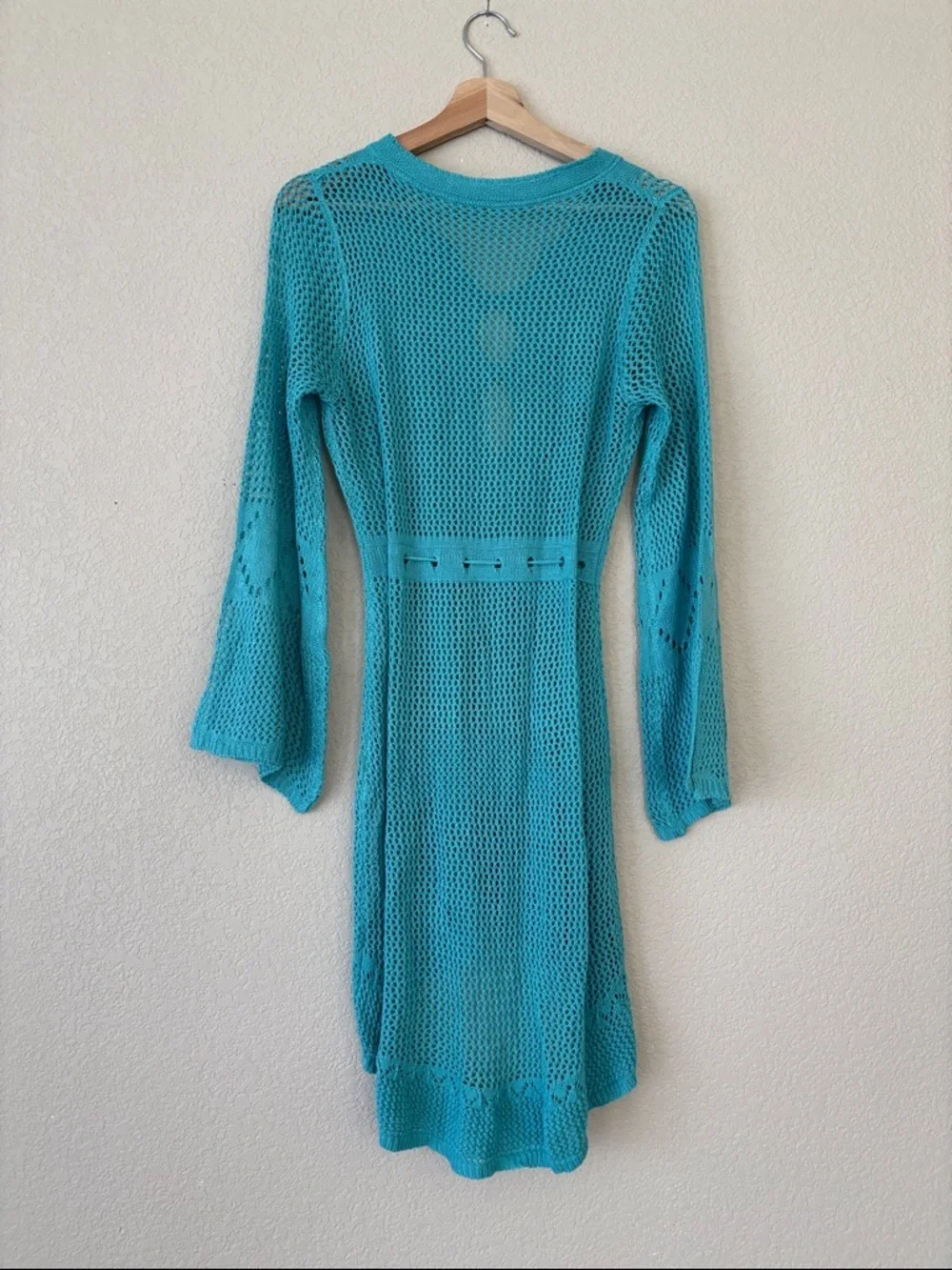 Turquoise Crochet Openwork Tunic with Tie Waist